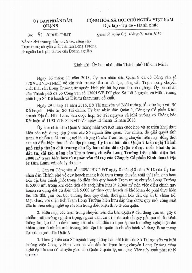 UBND QUẬN 9 KIẾN NGHỊ ĐẦU TƯ NÂNG CẤP NHÀ MÁY XỬ LÝ RÁC LONG TRƯỜNG TỪ NGUỒN TÀI TRỢ CỦA HIM LAM LAND