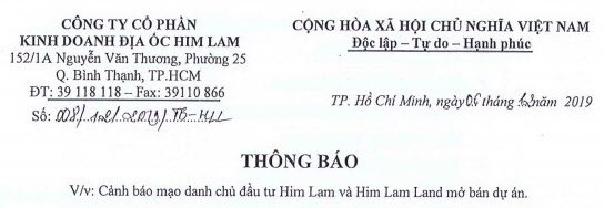 THÔNG BÁO: V/V CẢNH BÁO MẠO DANH CHỦ ĐẦU TƯ HIM LAM LAND MỞ BÁN DỰ ÁN