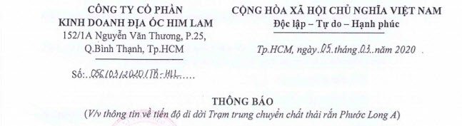 THÔNG BÁO: THÔNG TIN VỀ TIẾN ĐỘ DI DỜI TRẠM TRUNG CHUYỂN CHẤT THẢI RẮN PHƯỚC LONG A