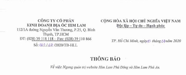 THÔNG BÁO VỀ VIỆC NGƯNG QUẢN TRỊ WEBSITE HIM LAM PHÚ ĐÔNG VÀ HIM LAM PHÚ AN