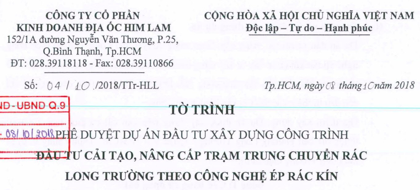 UBND QUẬN 9 ĐÃ TRÌNH CÔNG VĂN XIN NÂNG CẤP TRẠM TRUNG CHUYỂN LONG TRƯỜNG TỚI UBND TP.HCM